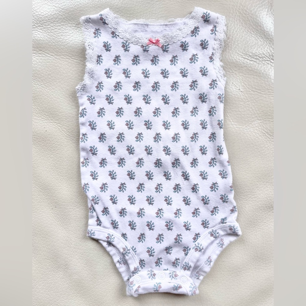10/$25💥Lace Trim Pretty Floral Baby Girl Sleeveless Bodysuit, White Teal Pink